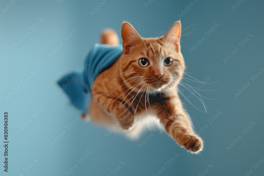 Obraz premium a orange cat in fashionably adorned with a blue cape, gracefully takes flight against a backdrop of azure skies, captured in a chic photographic style.