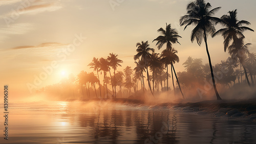 palm trees  panorama landscape sunny morning on the tropical seashore in a light fog