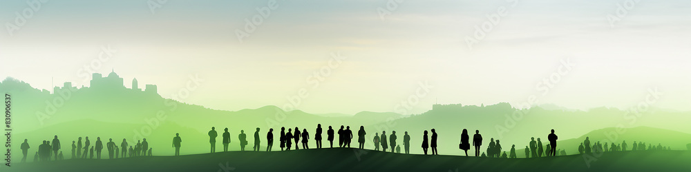 green planet, long narrow panoramic view row of abstract silhouettes of people against a green eco landscape, eco-friendly green planet, long narrow panoramic view row of abstract silhouettes of people against a green eco landscape, eco-friendly