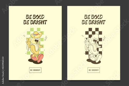 Retro posters or graphic t-shirt template with banana cartoon mascot character, vector illustration