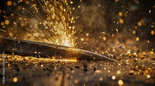 A knife is being used to cut through a piece of wood, creating sparks