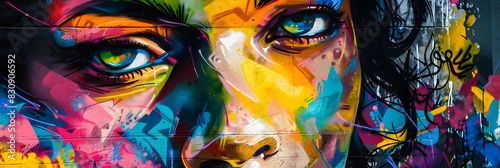Vibrant Portrait of an Expressive Woman Amid Colorful Graffiti Mural in Urban Setting