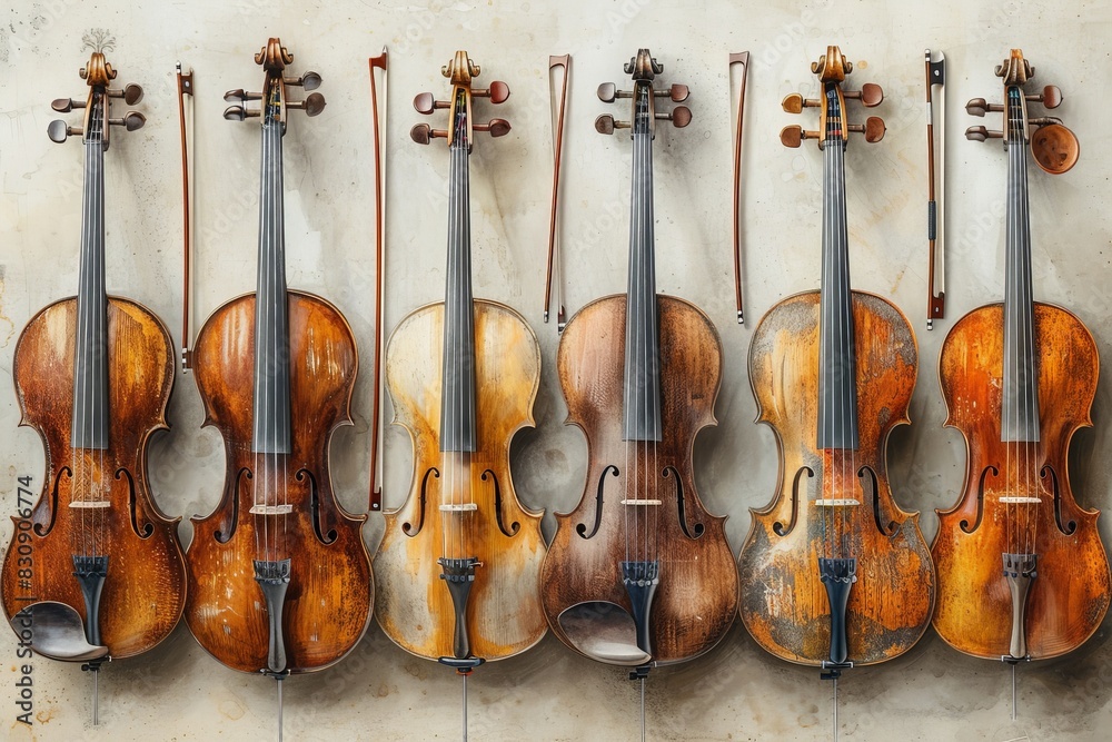 Naklejka premium A row of antique violins against a white wall showcasing their aged wood and craftsmanship