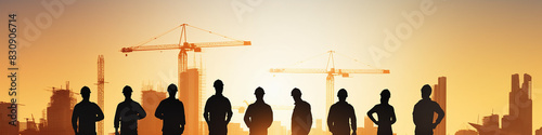 long narrow panoramic view group of builders silhouette of workers on a construction site, standing in a row against a sunset background