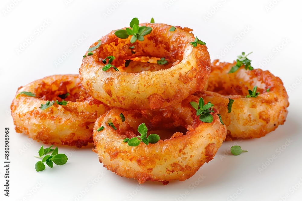 Delicious deep-fried onion rings garnished with fresh green herbs, isolated on a white background Delicious deep-fried onion rings garnished with fresh green herbs, isolated on a white background