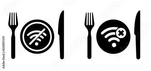 Plate, fork and knife icon. Food symbol. No wifi or Wi-Fi. No WiFi signal during dinner. Eating, ready to eat healthy food. Vector logo  for breakfast, lunch meal service concept.