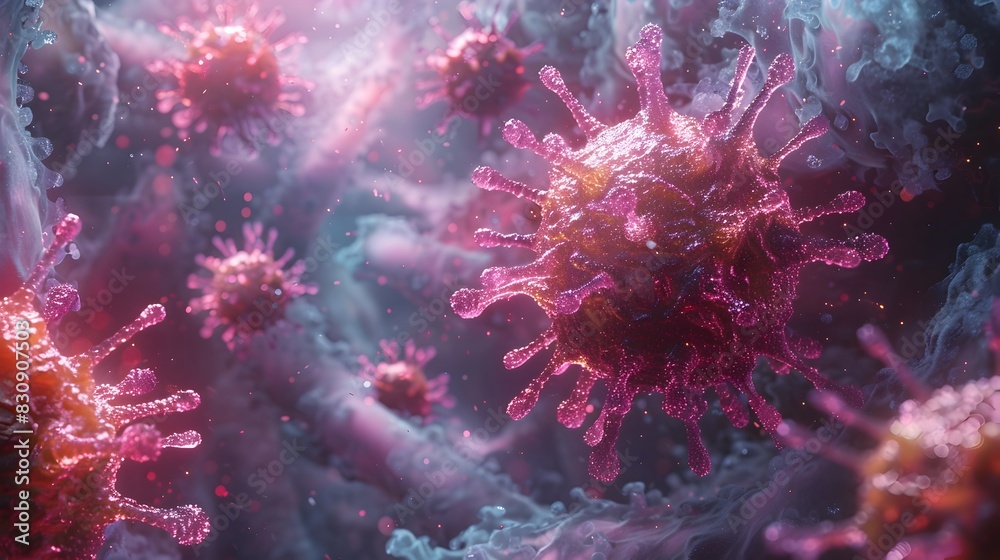Vivid Microscopic View of Infectious Viral Particles Spread and Multiply in a Surreal Digital Vivid Microscopic View of Infectious Viral Particles Spread and Multiply in a Surreal Digital