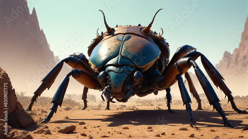 Within the Domain of the Giant Beetle King, colossal carapaces loom over a vast expanse, where workers toil under the watchful gaze of their towering ruler, Generative AI © 4K_Heaven