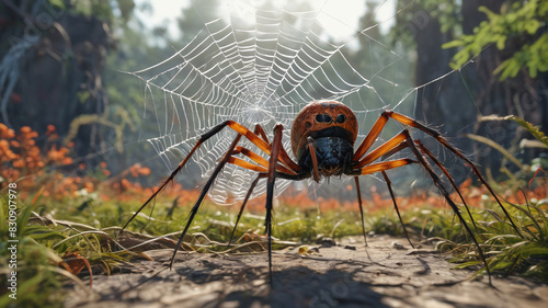 In the Empire of the Colossal Spider Monarch, labyrinthine webs ensnare prey within the vast expanse ruled by the eight-legged sovereign, Generative AI photo