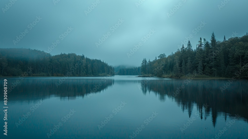 A lake with a foggy sky in the background