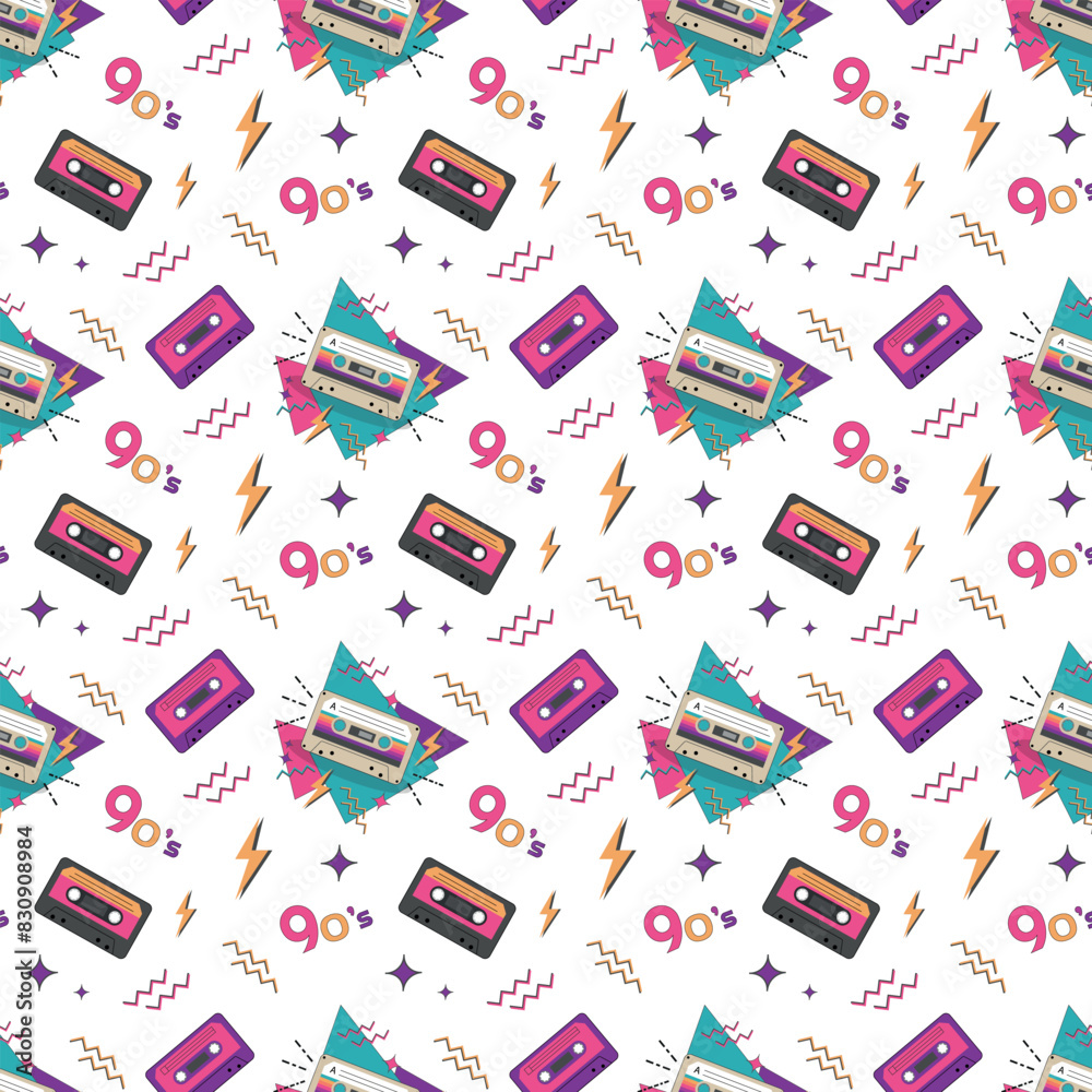 Seamless pattern in the style of the 90s with retro audio cassettes. Back in the 90s. Seamless pattern in the style of the 90s with retro audio cassettes. Back in the 90s.