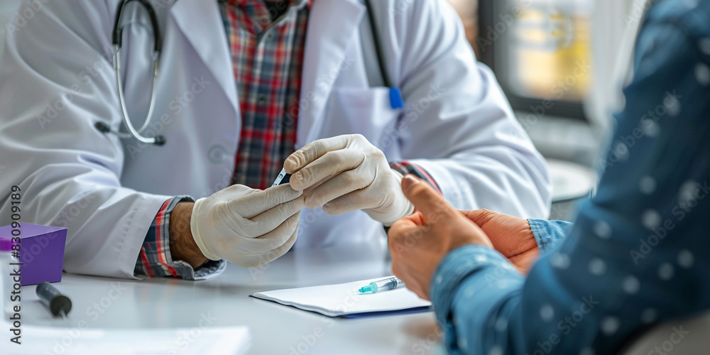 Obraz premium Doctor and patient discussing current health questions while sitting at the table in clinic office, only hands closeup. Medicine concept background