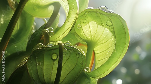 Close-up of the rounded, cup-like leaves of a pitcher plant, their unique adaptation for survival highlighted under full daylight. photo