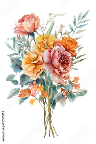 A delicate watercolor painting depicts a bouquet of assorted flowers