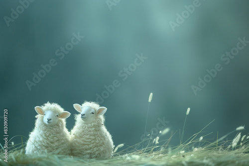 Against a lush green backdrop, two fairytale sheep recline on the soft grass,inviting viewers into a realm where imagination and nature seamlessly intertwine. photo