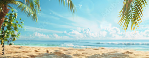 Fondo desenfocado de una bella playa paradisiaca de arena fina y dorada con palmeras, sobre fondo de un mar azul y hermoso cielo con nubes blancas, concepto fondos de vacaciones de verano photo