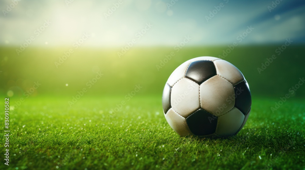 Fototapeta premium soccer ball on soccer field green field and sunlight
