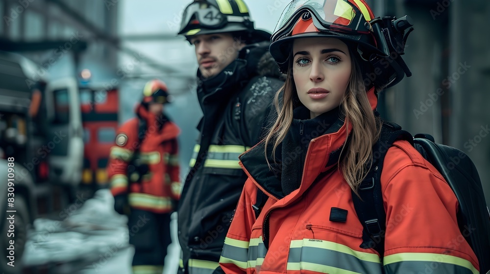 Firefighters team protective gear standing near fire trucks, ready for action, professional attire Firefighters team protective gear standing near fire trucks, ready for action, professional attire
