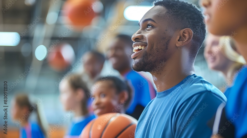 Blue cloth man smiling with groups of sportspeople playing basketballs at Fitness