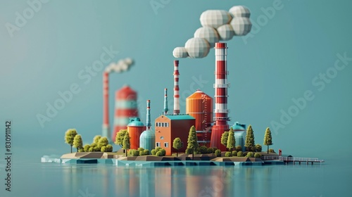 3D Artistic depiction of a miniature toy industrial factory with chimneys emitting smoke, set in a colorful, whimsical landscape.