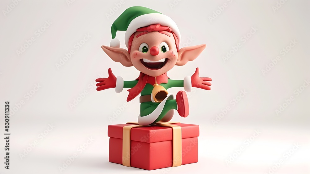 Playful Christmas Elf 3D Clay Icon Balancing on Wrapped Gift Playful Christmas Elf 3D Clay Icon Balancing on Wrapped Gift