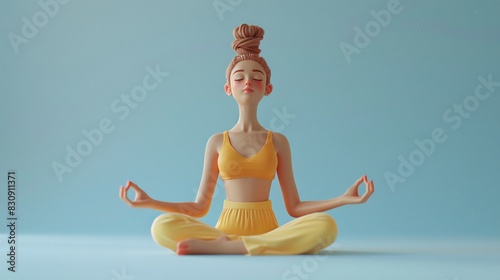 3D Calm young woman with a topknot practicing yoga in a cross-legged pose  wearing yellow sportswear against a blue background  meditating serenely.