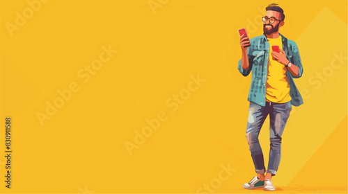 Full length portrait of happy man with smartphone on