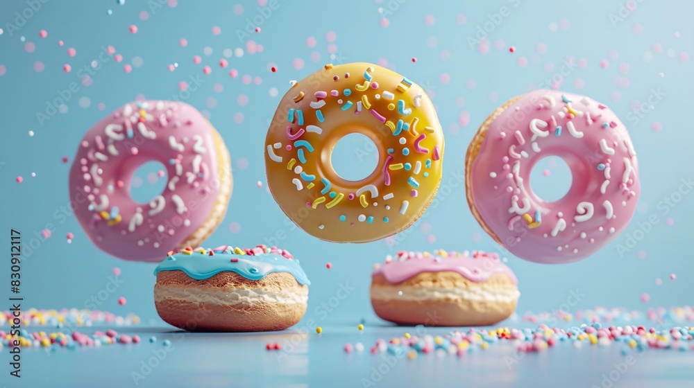 3D Colorful donuts with sprinkles on blue background. Vibrant, fun food photography showcasing delicious and whimsical frosted treats. 3D Colorful donuts with sprinkles on blue background. Vibrant, fun food photography showcasing delicious and whimsical frosted treats.