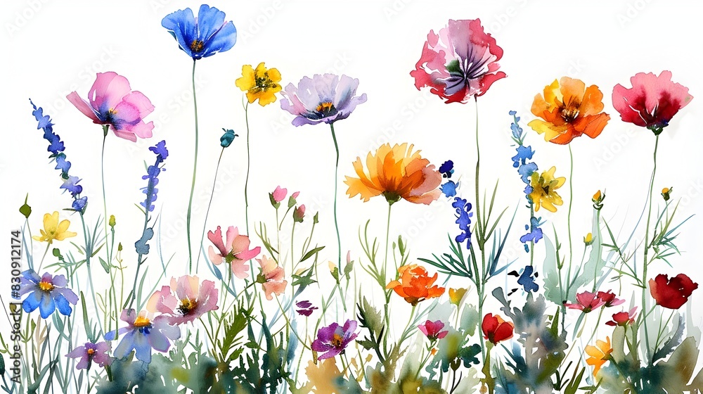 Vibrant Watercolor Painting of Diverse Summer Flowers Against a Pristine White Background