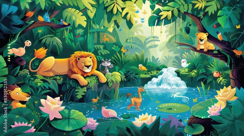 cartoon lions and various animals collaborate to hunt cartoon lions and various animals collaborate to hunt