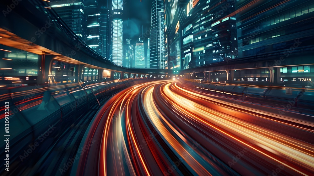 A high-speed train chase through a futuristic city, tracks spiraling around skyscrapers and through tunnels A high-speed train chase through a futuristic city, tracks spiraling around skyscrapers and through tunnels