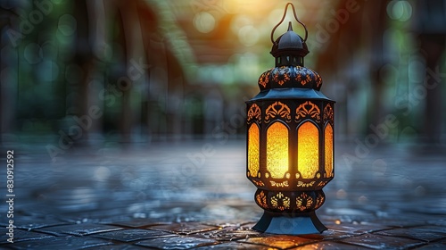 Celebration of islamic eid mubarak and eid al adha lantern in a light background. 