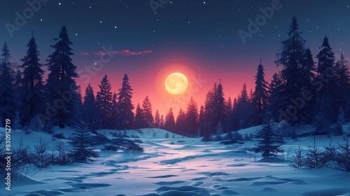 A snowy forest path leads towards a glowing red moon in a night sky.  Silhouettes of trees line the path. photo