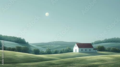 A solitary white farmhouse with a red roof sits on a grassy hill, bathed in the soft light of a rising sun or moon