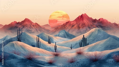 A surreal desert landscape with a large sun setting behind a range of colorful mountains.  Cacti stand tall in the foreground. photo