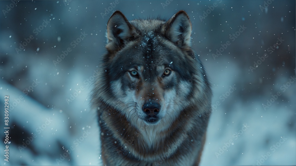 A captivating image of a wolf standing in a snowfall, with snowflakes gently falling around it. The wolf's intense gaze and thick fur are accentuated by the wintry environment