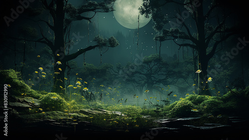 a night dream in a misty fabulous green forest art landscape