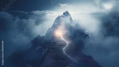 glowing path to the top of the mountain, business success strategy, development and growth concept