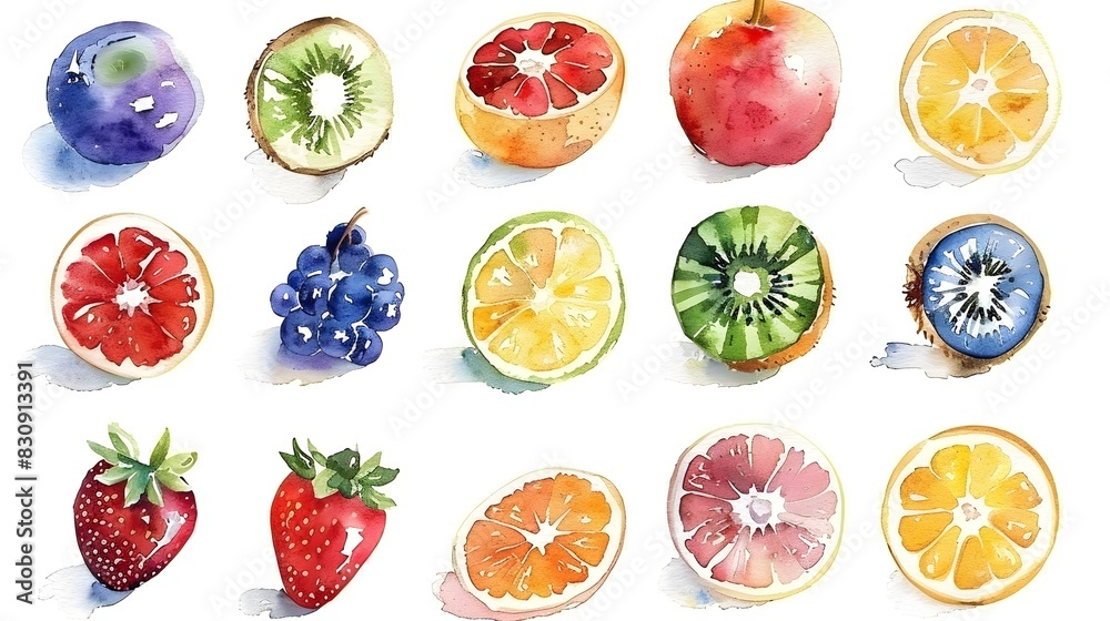 Vibrant Watercolor Fruit Icon Set on White Background