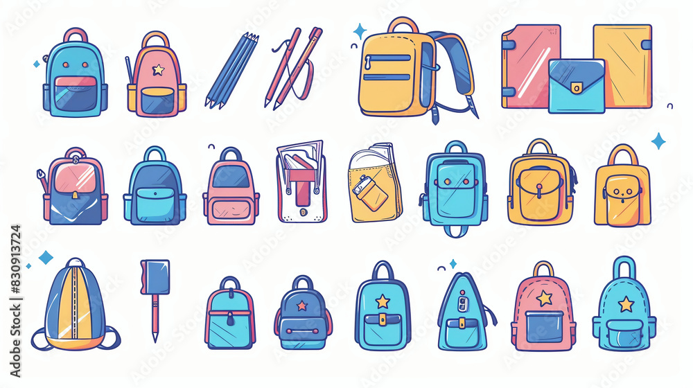 Colored school backpack. Education and study back to school, schoolbag luggage, rucksack  illustration. Kids school bag with education equipment. Backpacks with study supplies