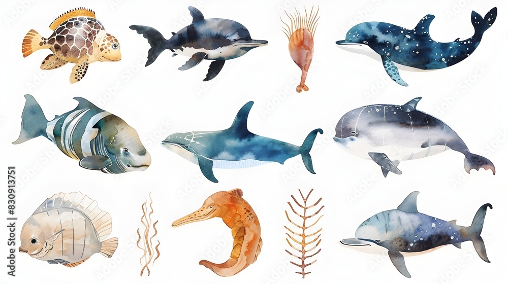 Fototapeta premium Vibrant Watercolor Aquatic Animal Icon Set on Isolated White Background