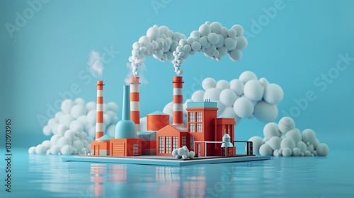 3D illustration of a factory with chimneys emitting smoke against a blue background, representing industrial pollution and environmental impact.