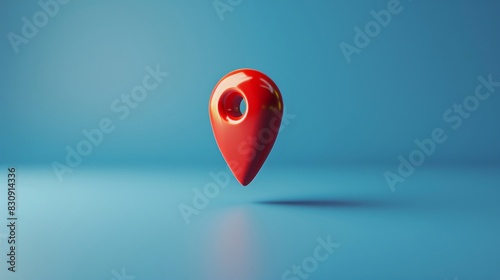 3D illustration of a red map pin floating against a blue background, symbolizing location, geotag, and navigation concepts. photo