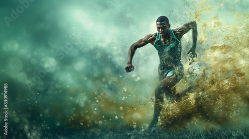 Male black athlete runner on a running track, dynamic commercial photo. Attractive and fit professional sportsman focused on a training. Concept: Championship and Olympic Games.