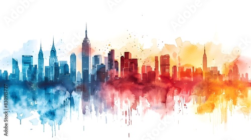 Vibrant Watercolor Cityscape in Bold Hues on White Background photo