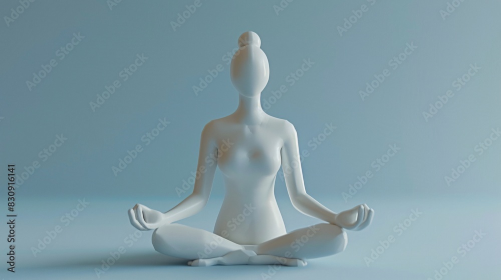 3D Minimalistic white sculpture of a woman meditating in a serene, peaceful pose against a light blue background, representing calm and tranquility. 3D Minimalistic white sculpture of a woman meditating in a serene, peaceful pose against a light blue background, representing calm and tranquility.
