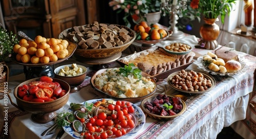 Feast Celebration: Eastern European Delicacies on a Lavishly Covered Table