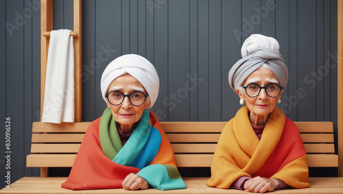 couple of smiling elderly women friends wearing a soft sponge towel enjoying the beneficial effects of the sauna