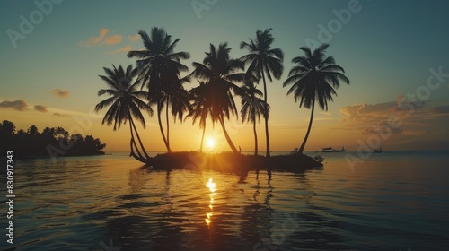 Coconut palm trees silhouetted against setting sun on a tiny island