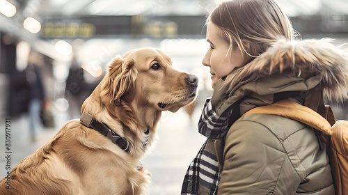 A woman with her golden retriever waits at a bustling train station, ready for their next adventure together.